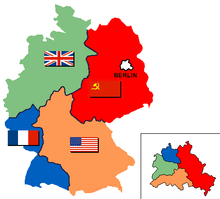 Kaart van de verdeling van Duitsland en Berlijn na de Tweede Wereldoorlog